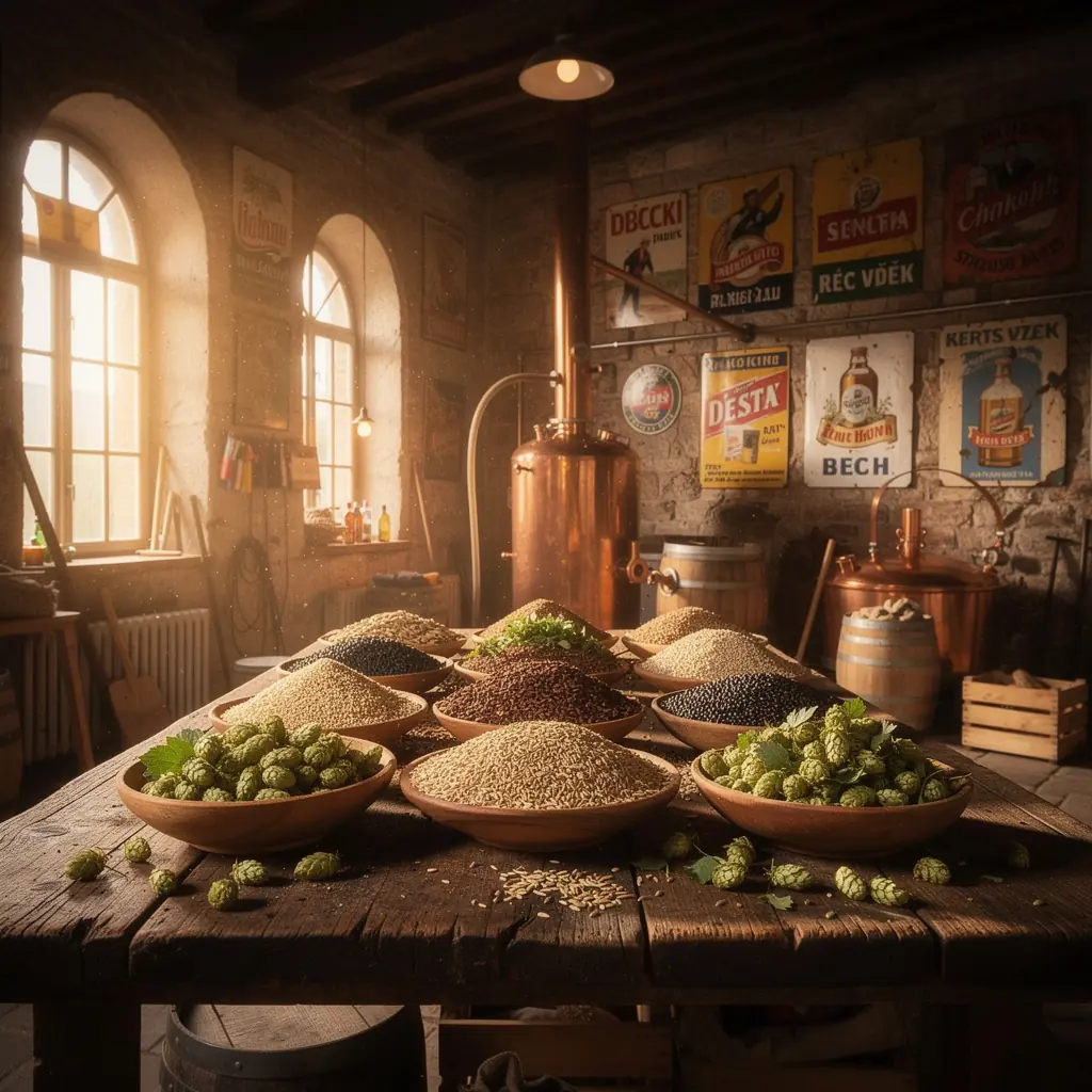 Domácí vaření piva s různými ingrediencemi a nástroji.